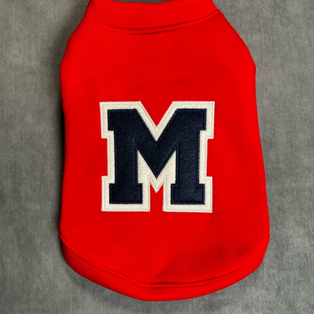 Red Dog Sweater with Letter M Patch